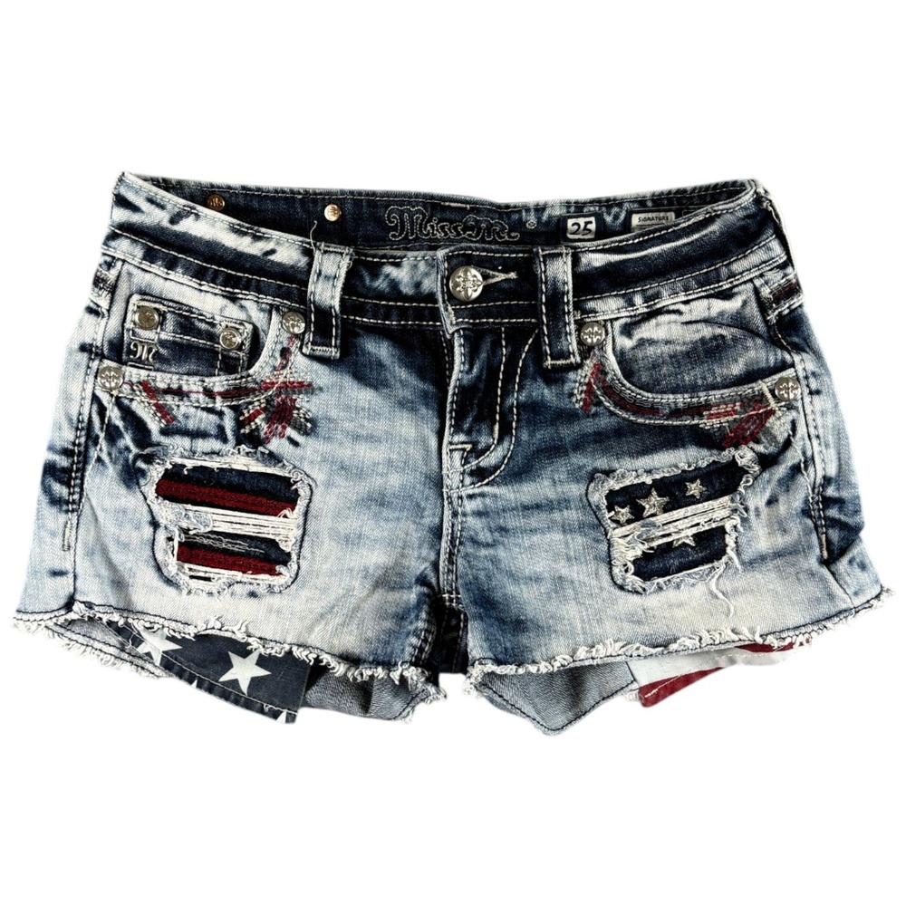 Miss Me Denim Shorts Womens 25 Blue Distressed Y2K Americana Lowrise USA Cowgirl